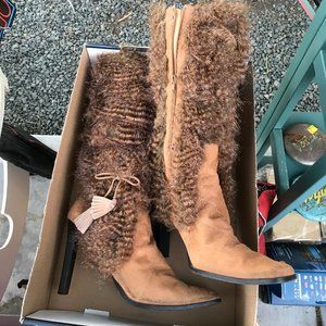 Size 10 Bolaro , 3" heels, feathered tan boots